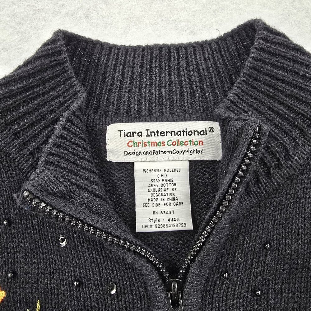 VTG Tiara International Christmas Zip Up Cardinal Cardigan Beaded Sweater Size M - Picture 3 of 8